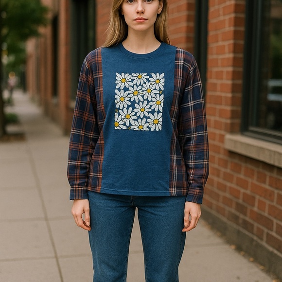 Tops - Boho upcycled handmade blue& white floral daisy flannel 3x